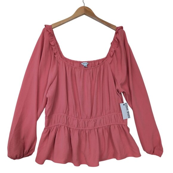 Nine West Top Blouse Womens XXL‎ Coral Peplum Long Sleeve Square Neck Twill - Picture 2 of 11